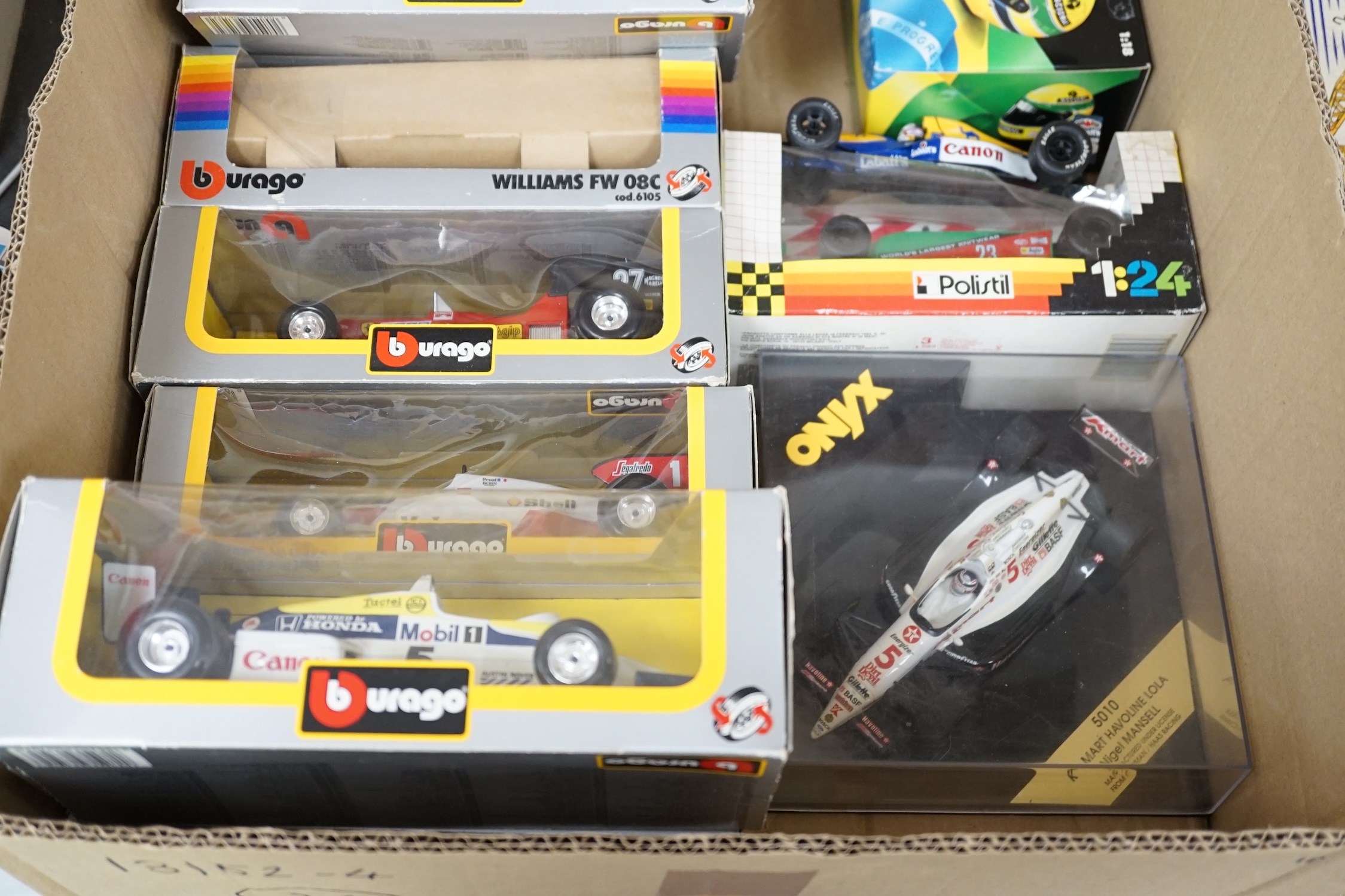 Twenty-one diecast motor racing related models by Onyx, Minichamps, Bburago, etc. including; three Onyx 1:24 scale formula One racing cars, eight Bburago 1:24 scale Formula One cars